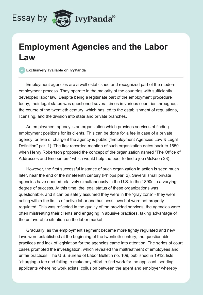 Employment Agencies and the Labor Law. Page 1