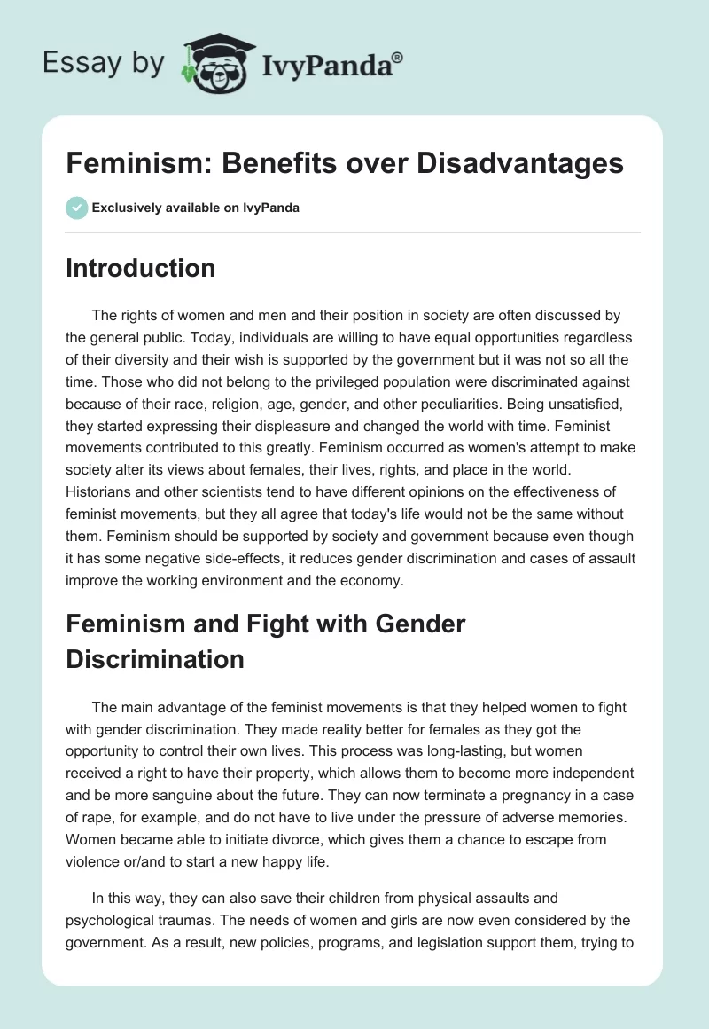 Feminism: Benefits over Disadvantages. Page 1