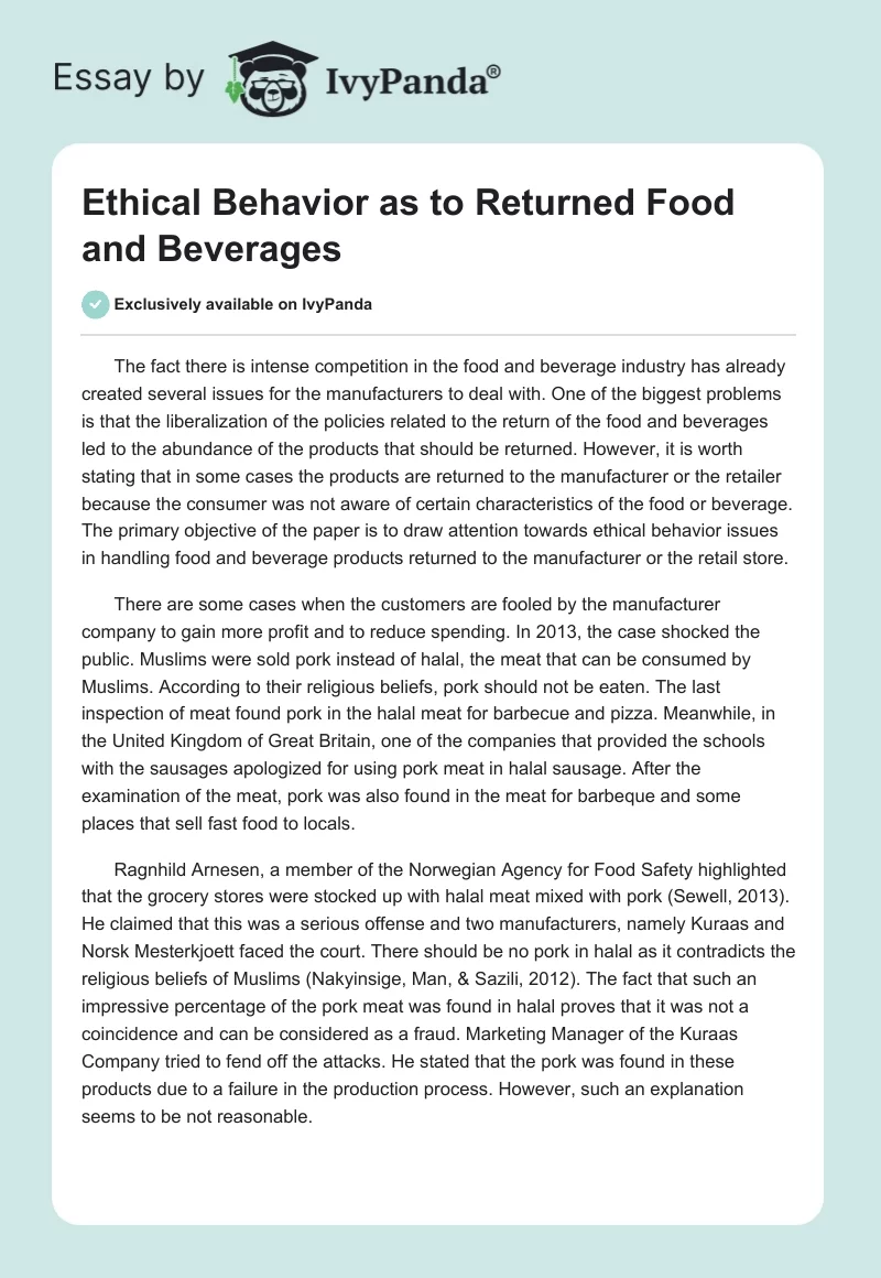 Ethical Behavior as to Returned Food and Beverages. Page 1