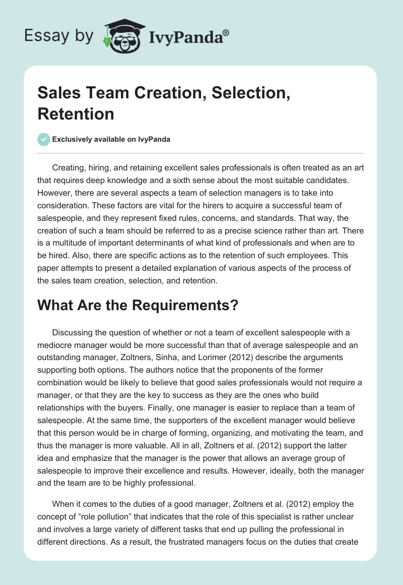 Sales Team Creation, Selection, Retention. Page 1