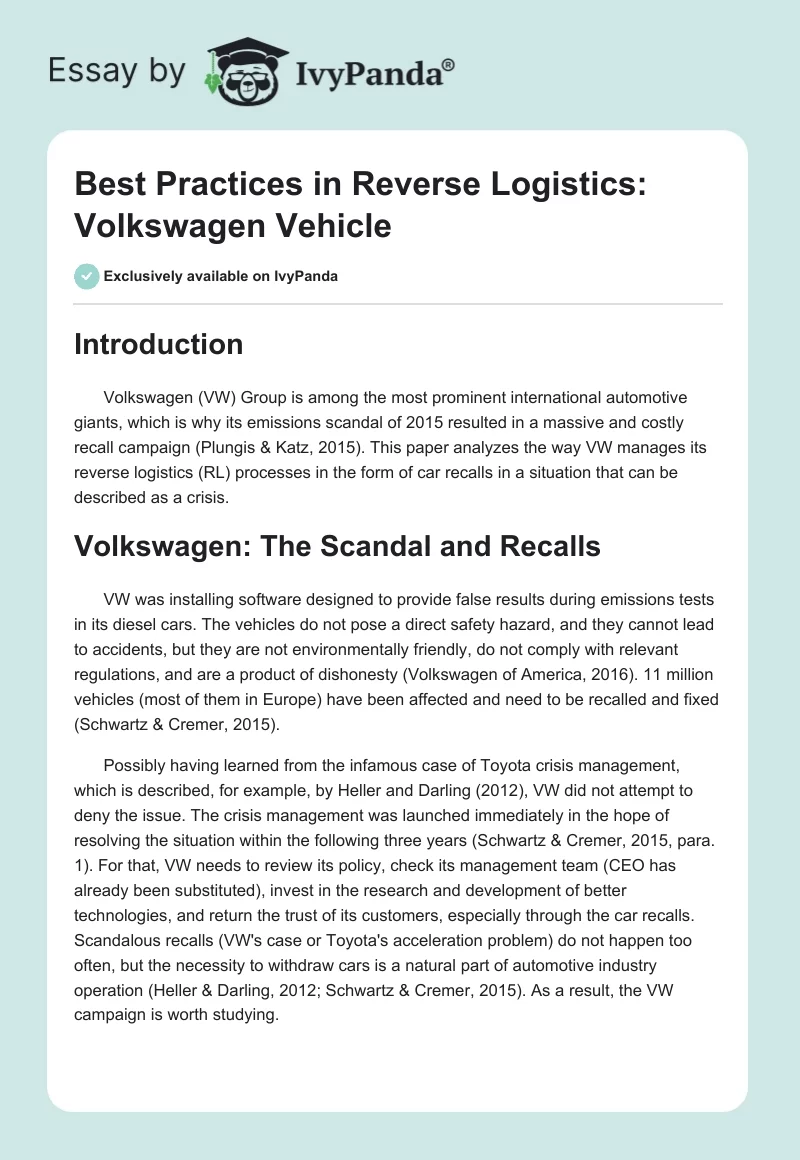 Best Practices in Reverse Logistics: Volkswagen Vehicle. Page 1