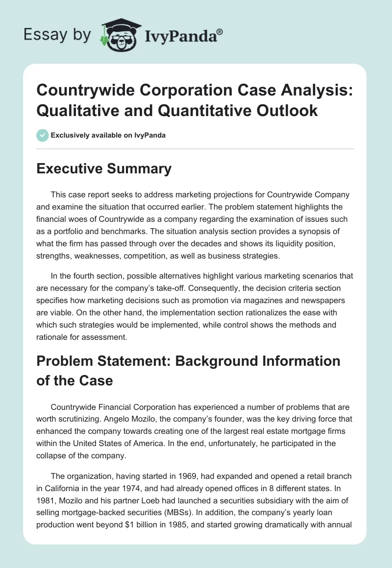 Countrywide Corporation Case Analysis: Qualitative and Quantitative Outlook. Page 1