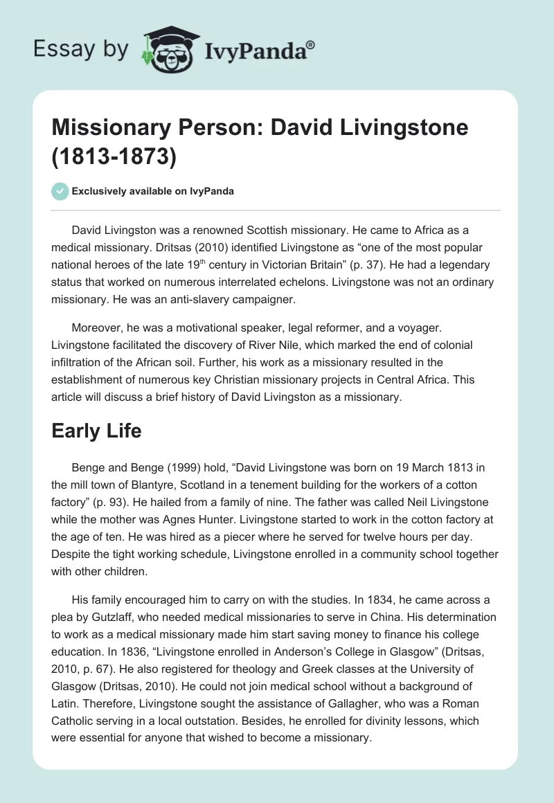 Missionary Person: David Livingstone (1813-1873). Page 1