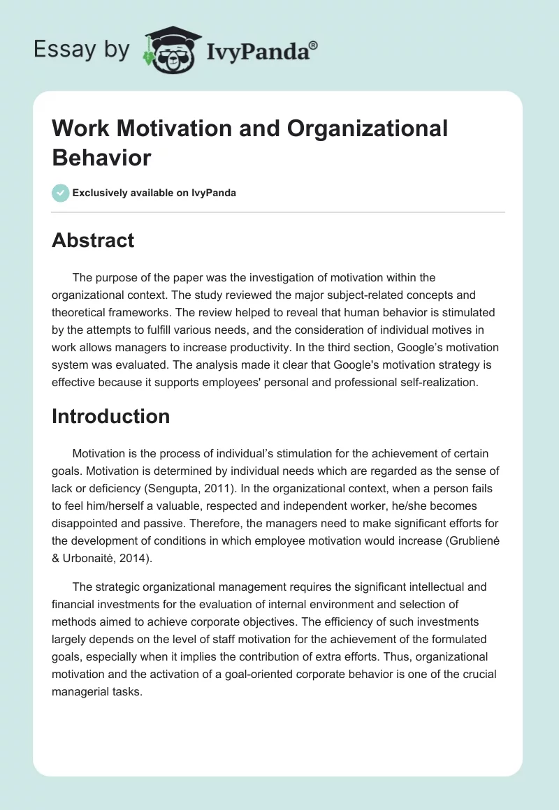 Work Motivation and Organizational Behavior. Page 1