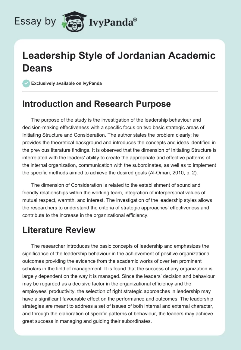 Leadership Style of Jordanian Academic Deans. Page 1