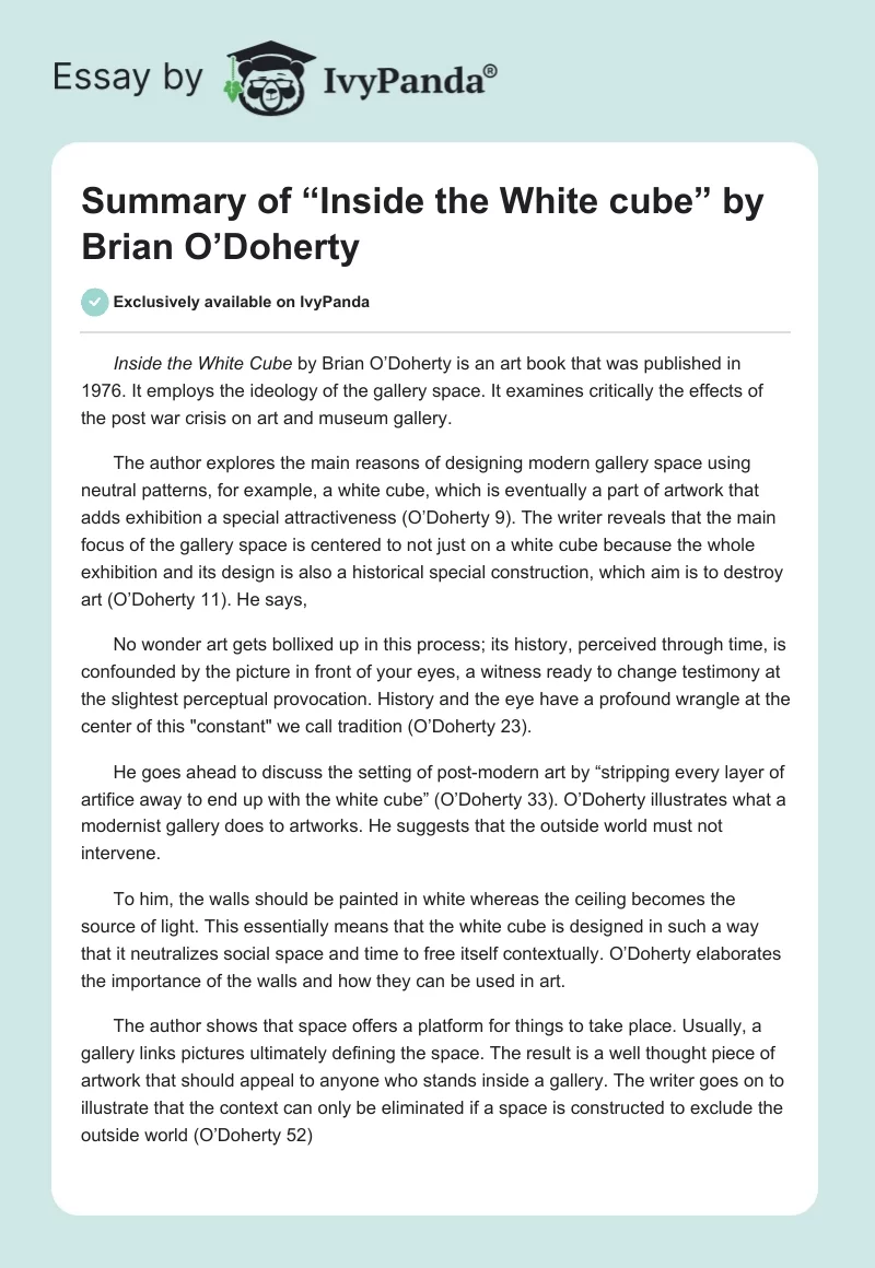 Summary of “Inside the White cube” by Brian O’Doherty. Page 1