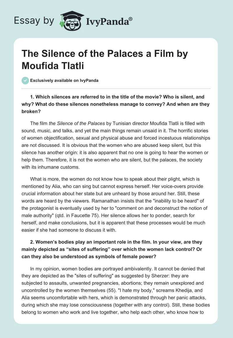 "The Silence of the Palaces" a Film by Moufida Tlatli. Page 1