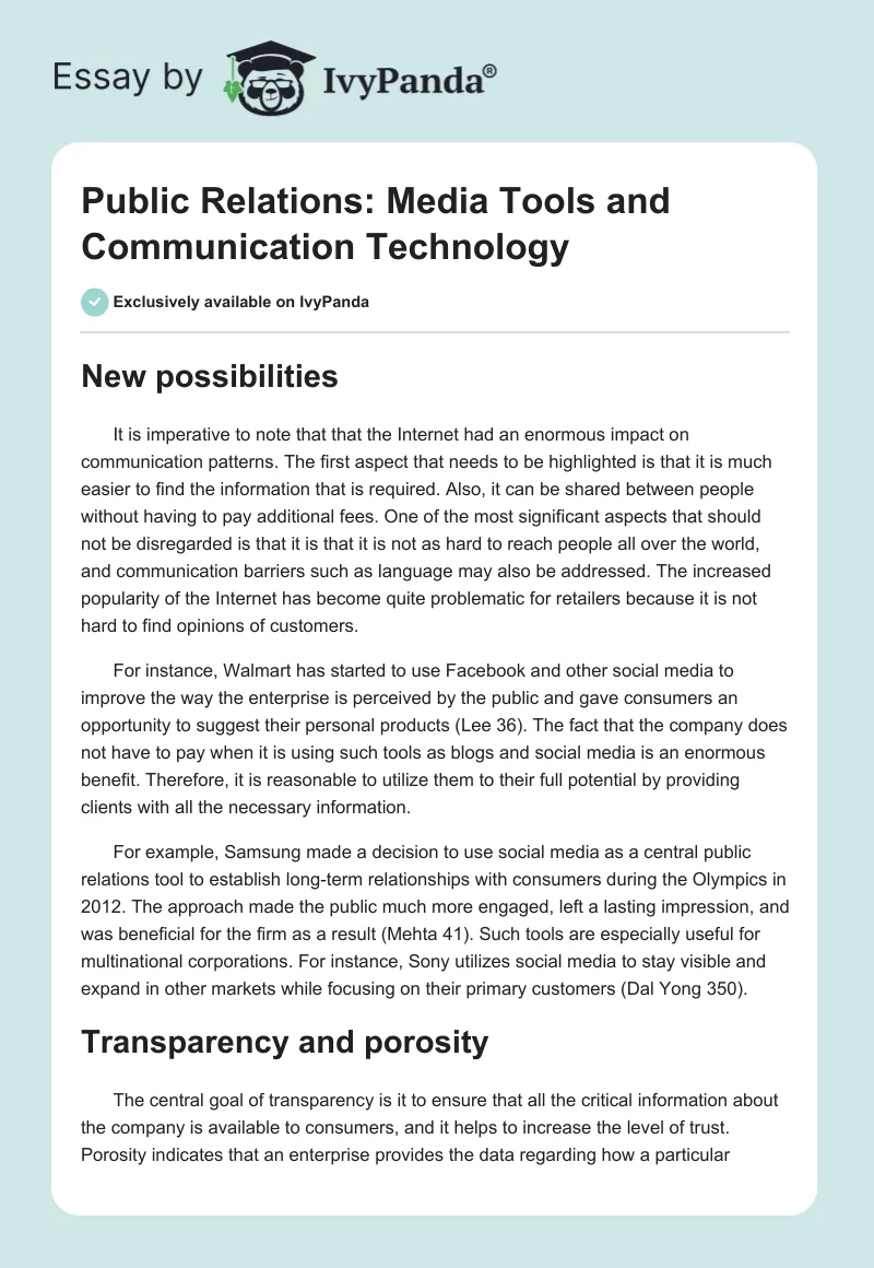 Public Relations: Media Tools and Communication Technology. Page 1