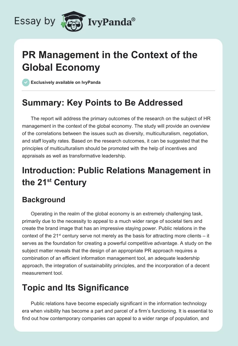 PR Management in the Context of the Global Economy. Page 1