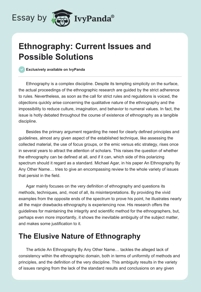 Ethnography: Current Issues and Possible Solutions. Page 1