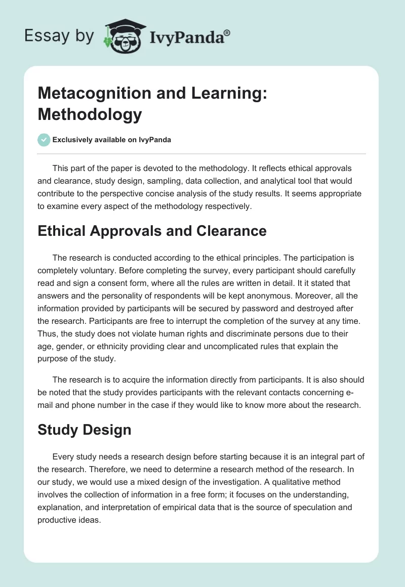 Metacognition and Learning: Methodology. Page 1