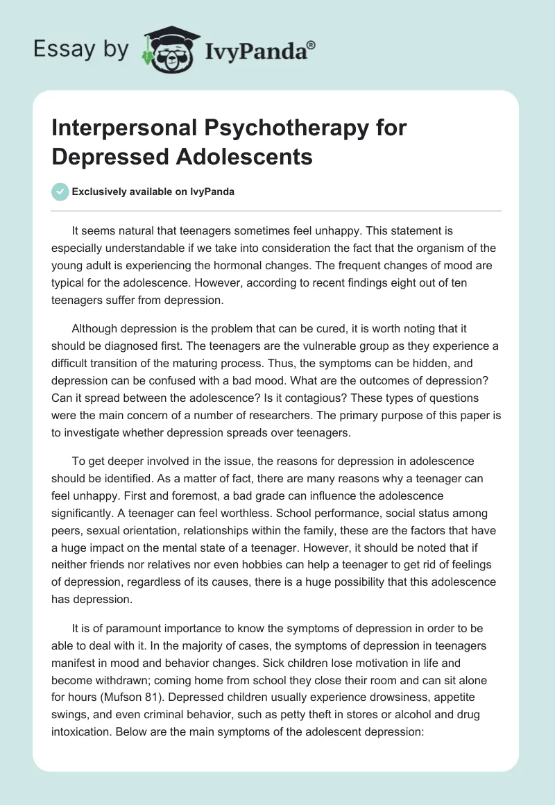 Interpersonal Psychotherapy for Depressed Adolescents. Page 1