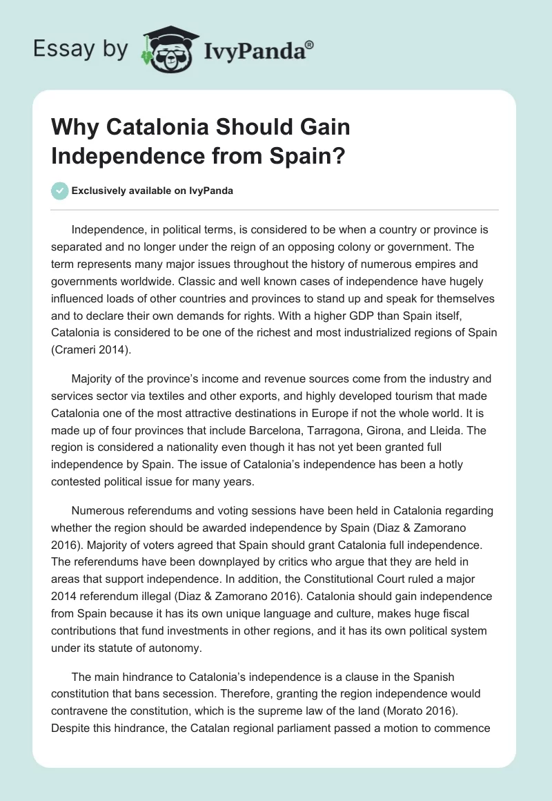 Why Should Catalonia Gain Independence from Spain?. Page 1