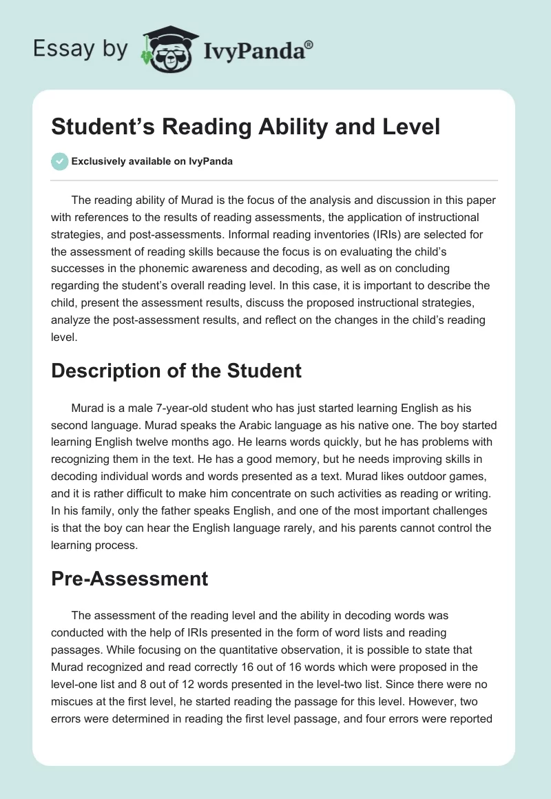 Student’s Reading Ability and Level. Page 1