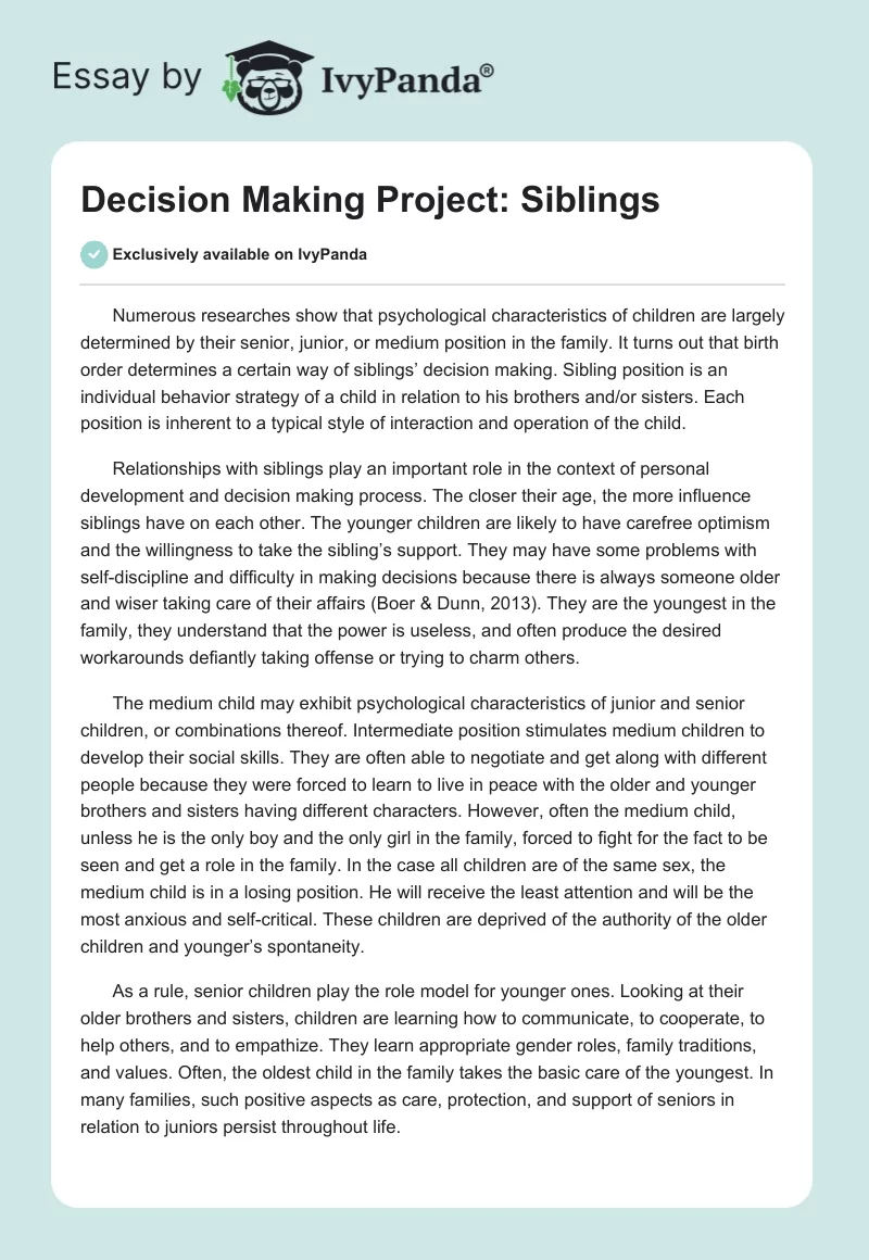 Decision Making Project: Siblings. Page 1