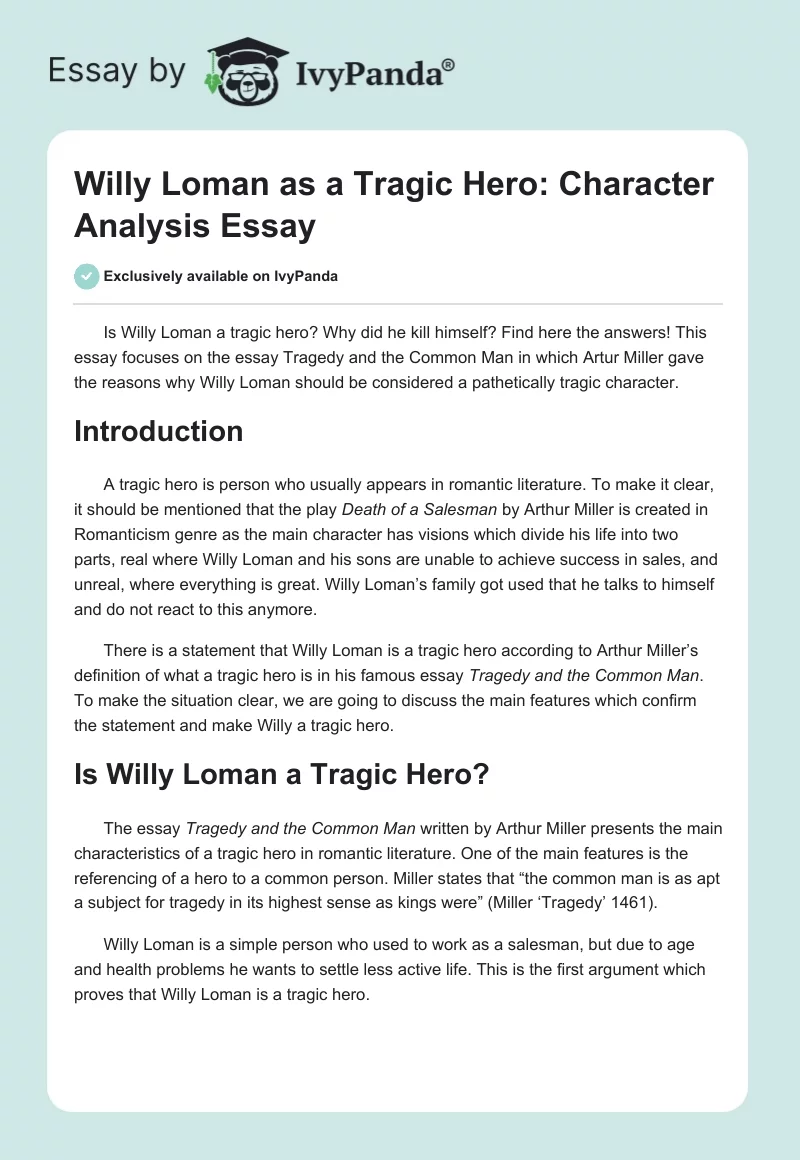 Willy Loman as a Tragic Hero: Character Analysis Essay. Page 1