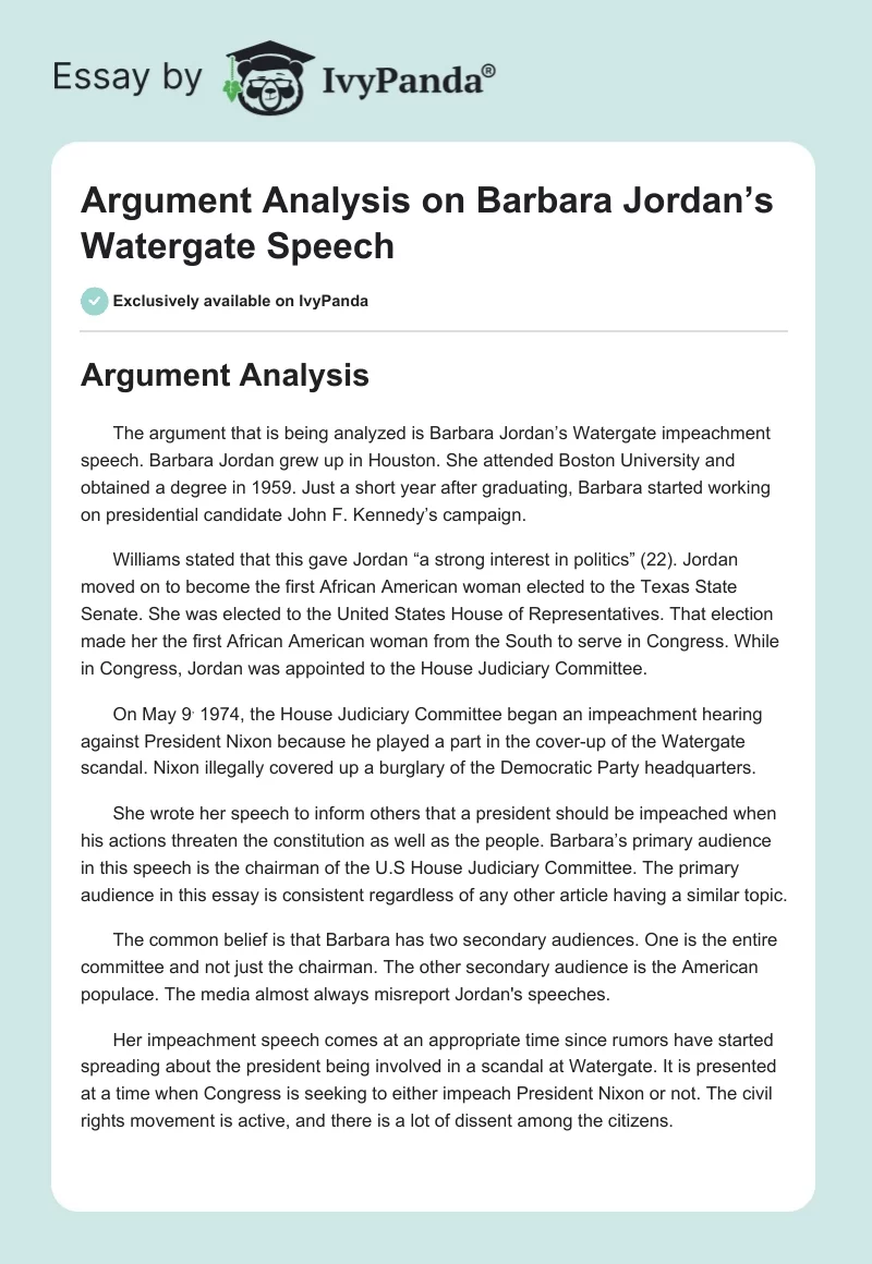 Argument Analysis on Barbara Jordan’s Watergate Speech. Page 1