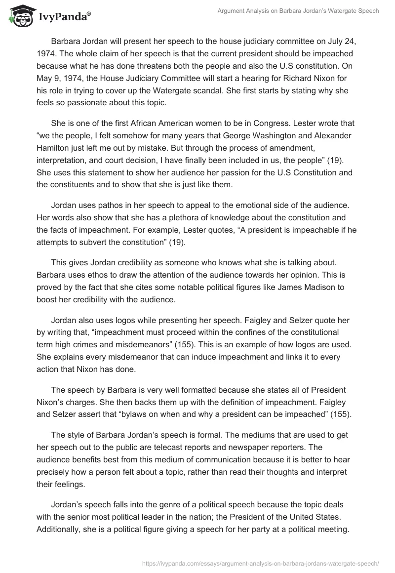 Argument Analysis on Barbara Jordan’s Watergate Speech. Page 2