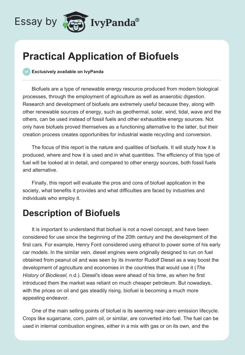 Practical Application of Biofuels. Page 1