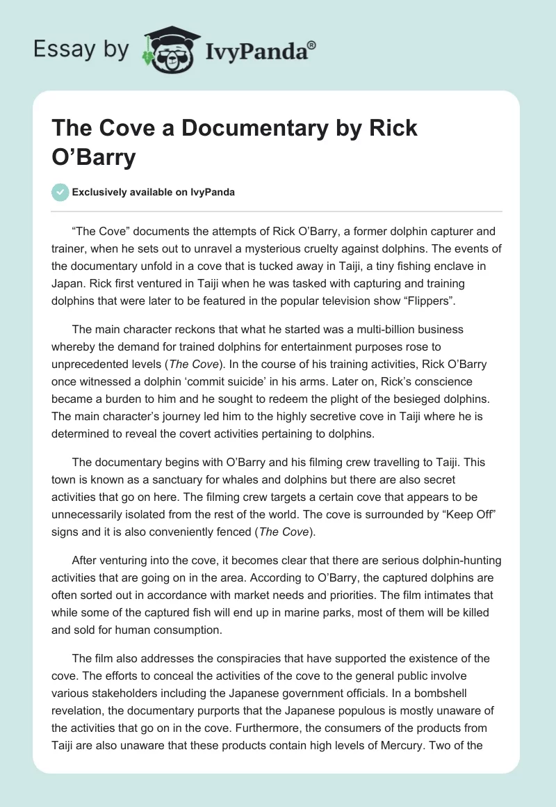 "The Cove" a Documentary by Rick O’Barry. Page 1