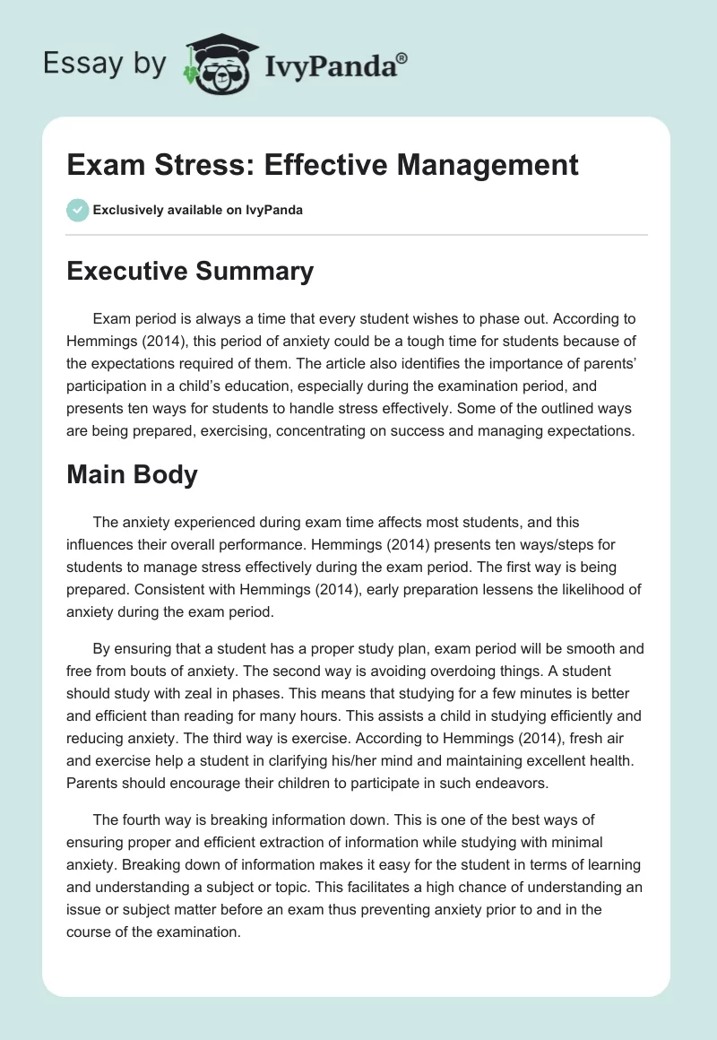 Exam Stress: Effective Management. Page 1