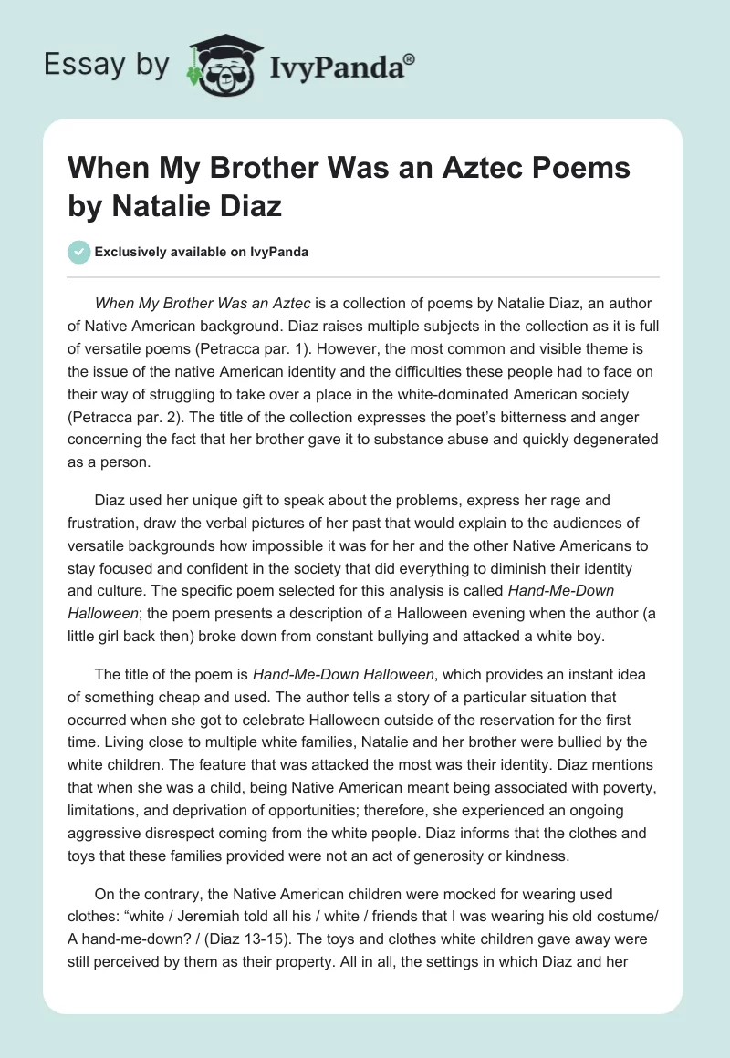 "When My Brother Was an Aztec" Poems by Natalie Diaz. Page 1