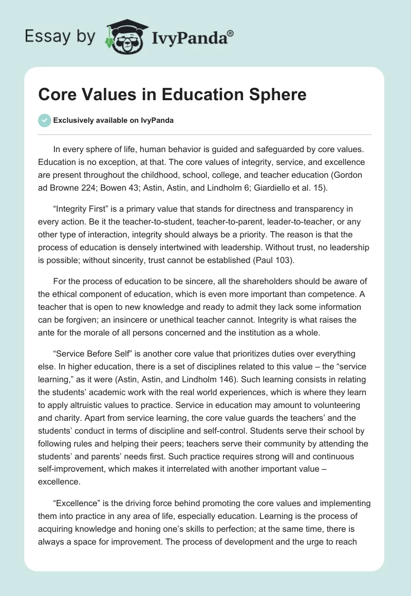 Core Values in Education Sphere. Page 1