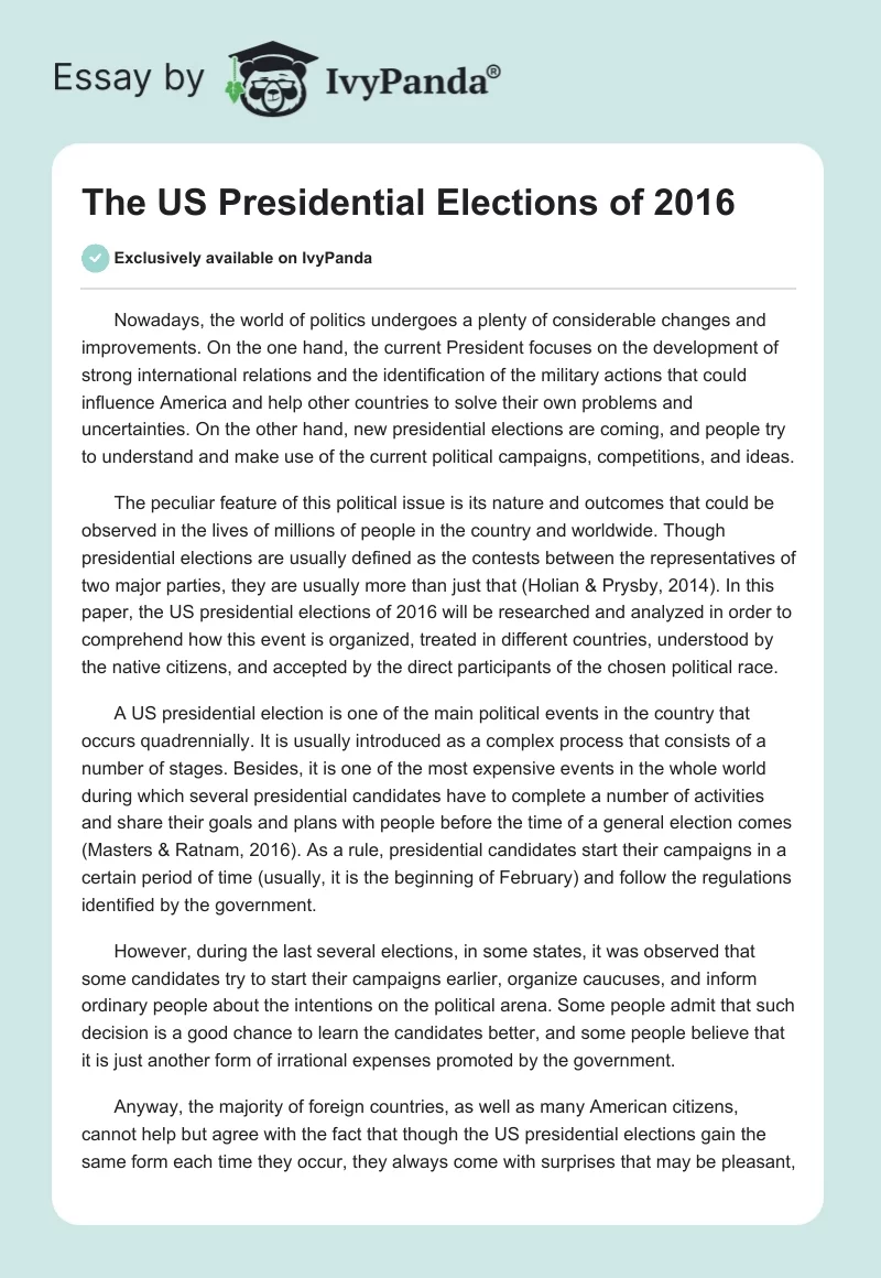 The US Presidential Elections of 2016. Page 1