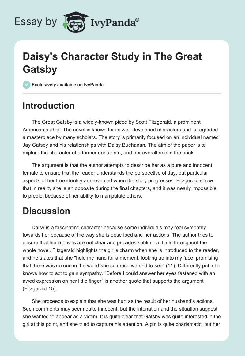 Daisy's Character Study in "The Great Gatsby". Page 1