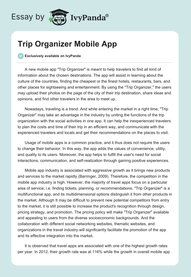 "Trip Organizer" Mobile App. Page 1