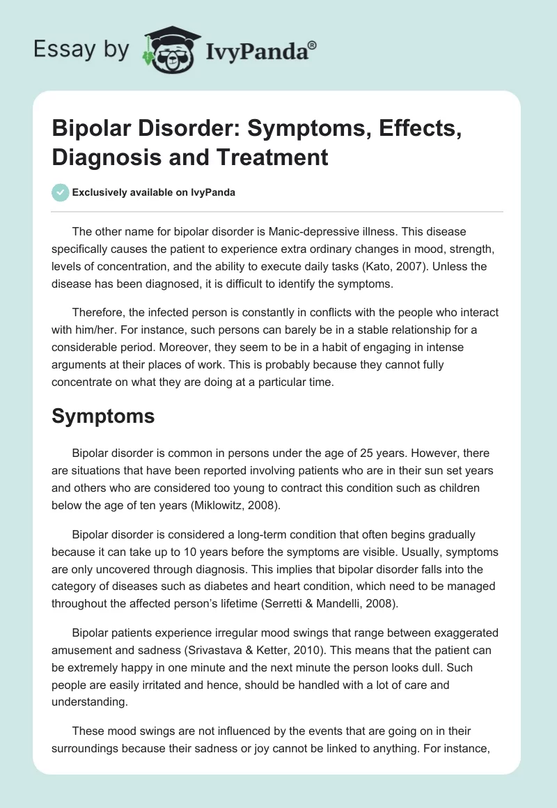 Bipolar Disorder: Symptoms, Effects, Diagnosis and Treatment. Page 1