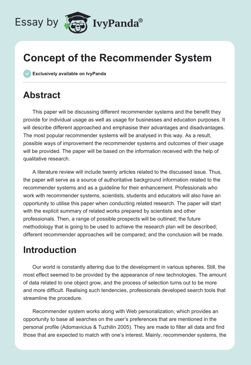 Concept of the Recommender System. Page 1