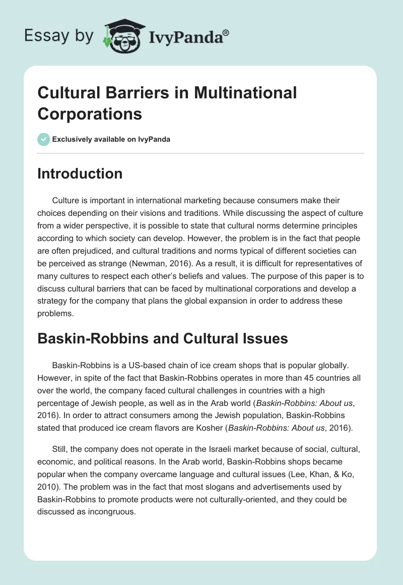 Cultural Barriers in Multinational Corporations. Page 1