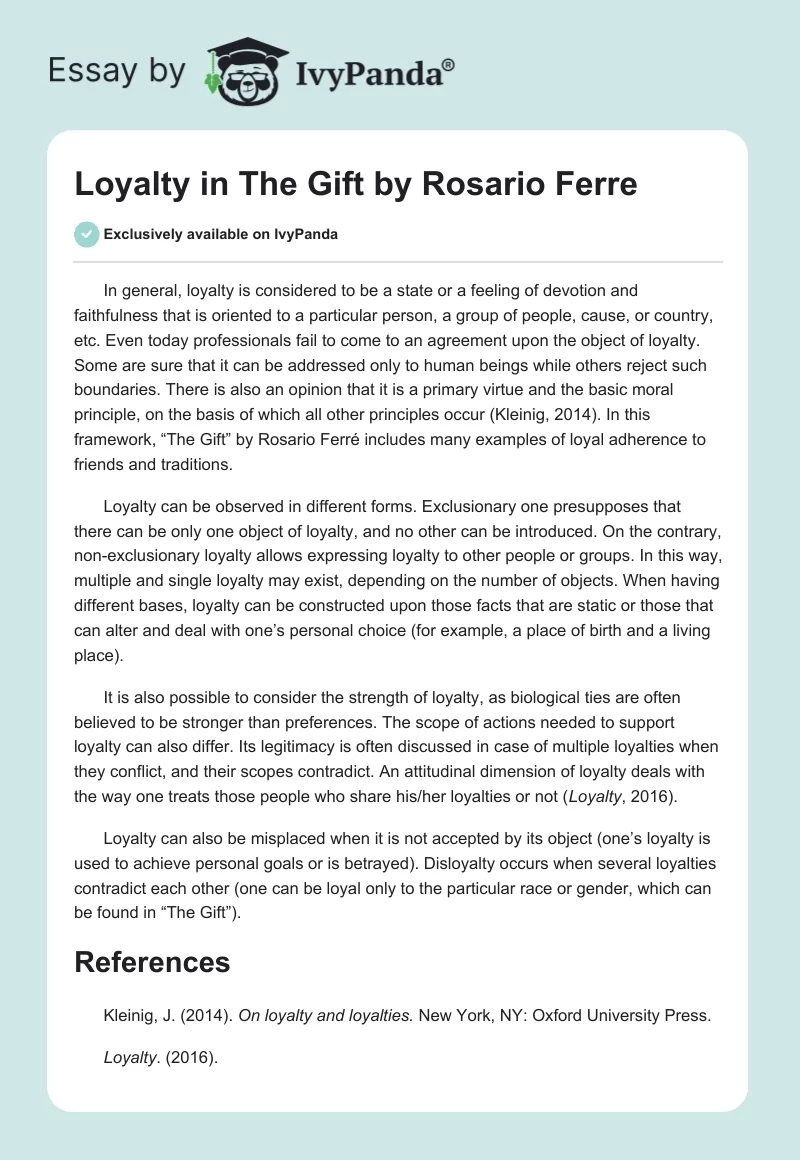 Loyalty in "The Gift" by Rosario Ferre. Page 1