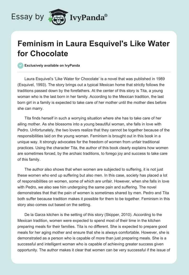 Feminism in Laura Esquivel's "Like Water for Chocolate". Page 1