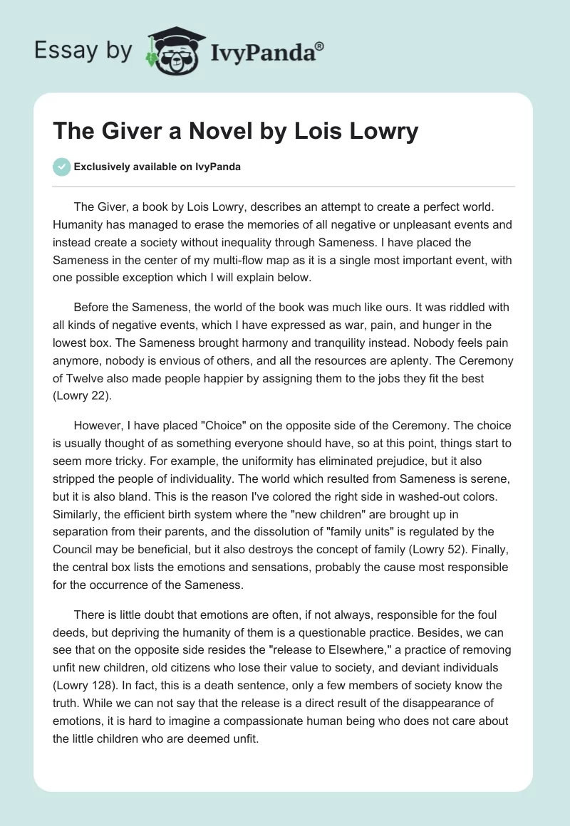 "The Giver" a Novel by Lois Lowry. Page 1