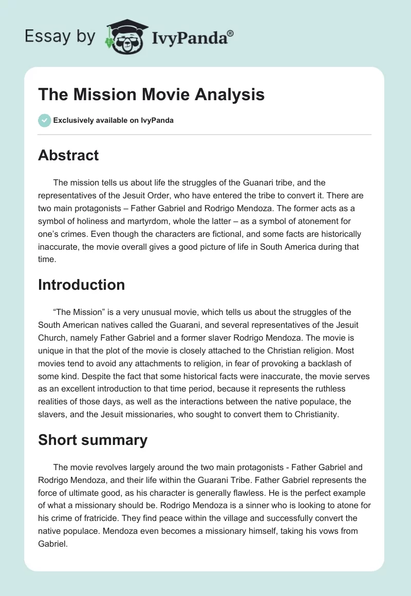 "The Mission" Movie Analysis. Page 1
