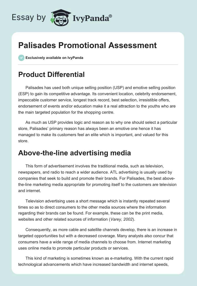 Palisades Promotional Assessment. Page 1