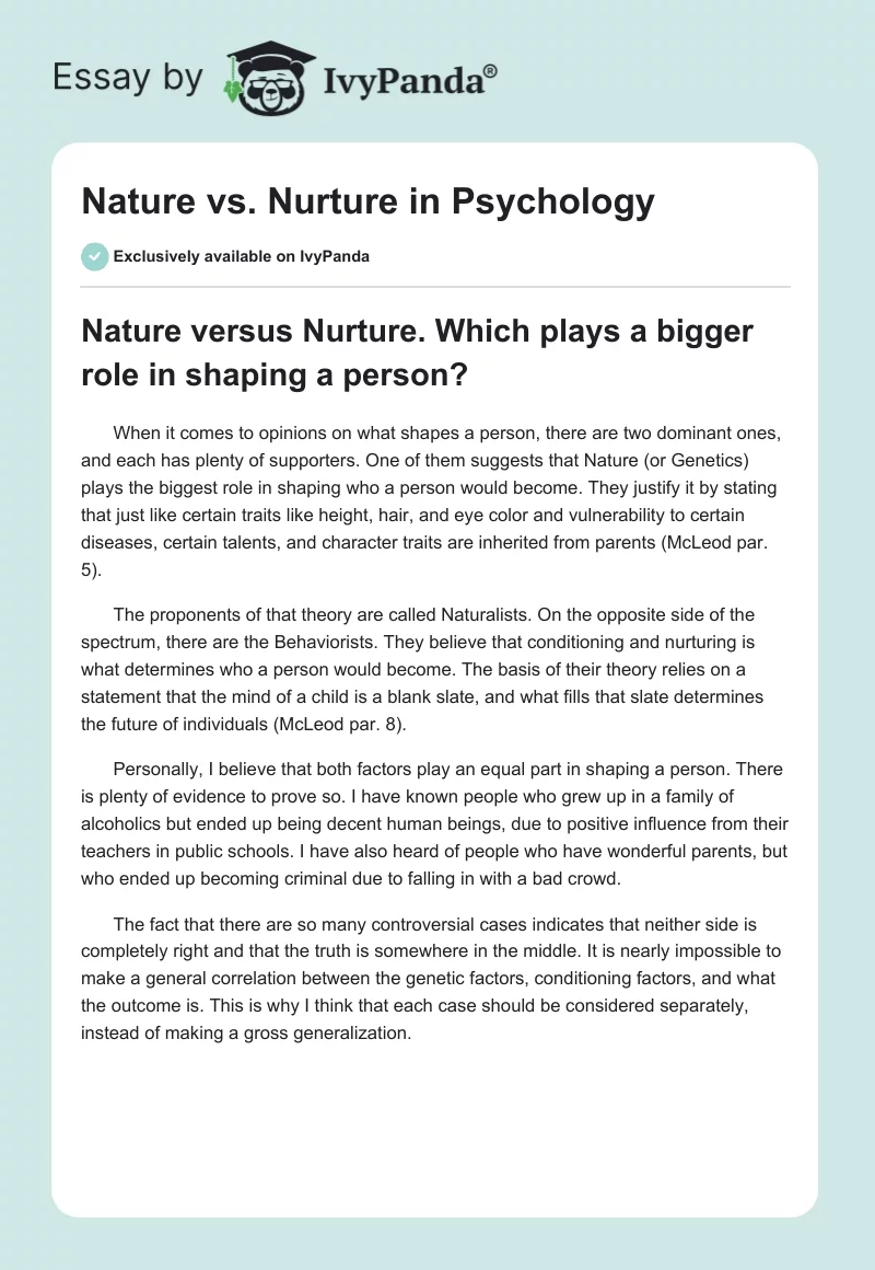 Nature vs. Nurture in Psychology - 656 Words | Term Paper Example