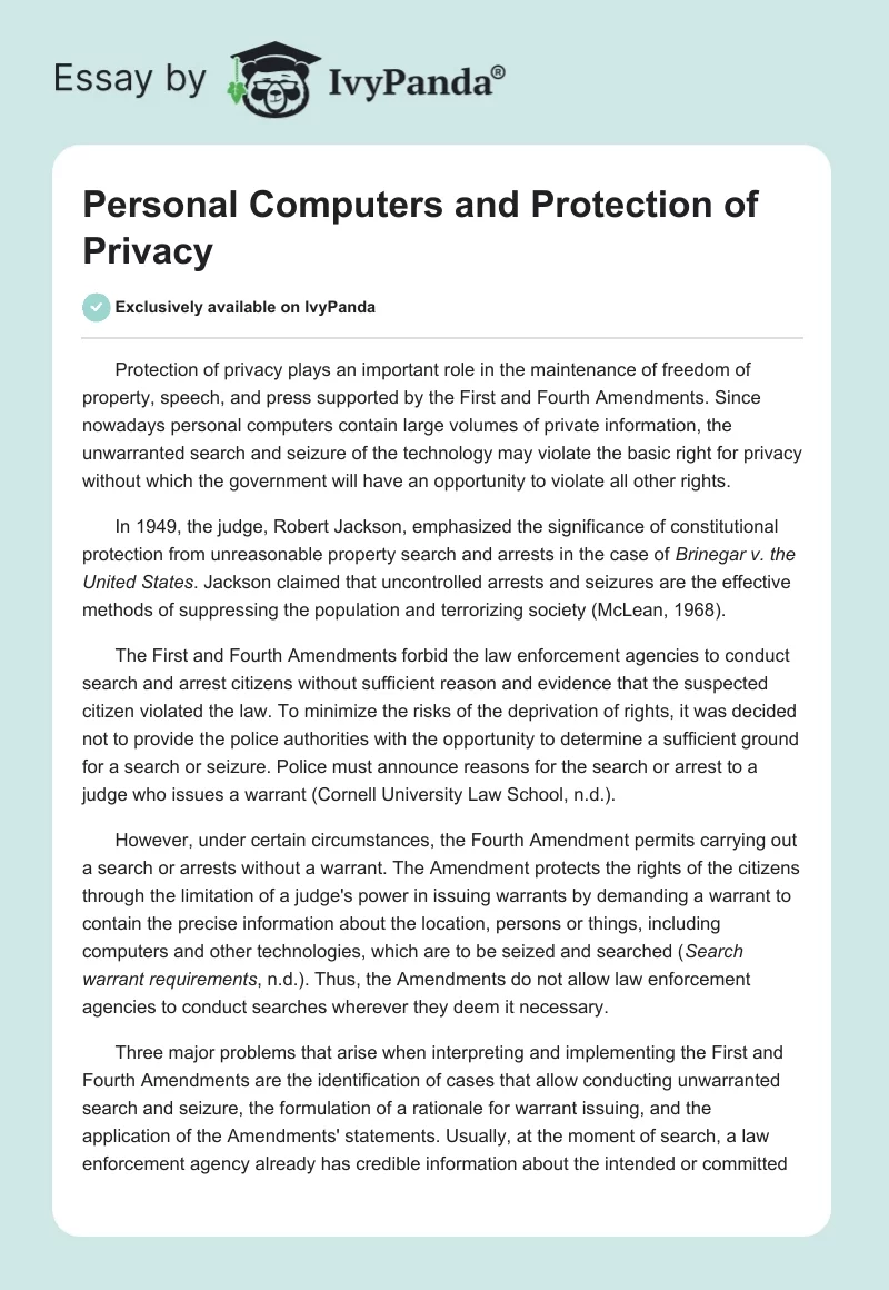 Personal Computers and Protection of Privacy. Page 1