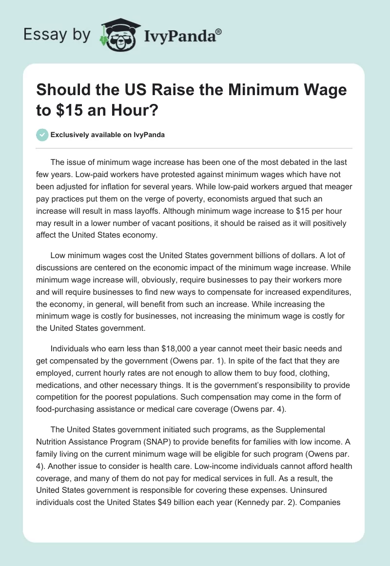 Should the US Raise the Minimum Wage to $15 an Hour?. Page 1
