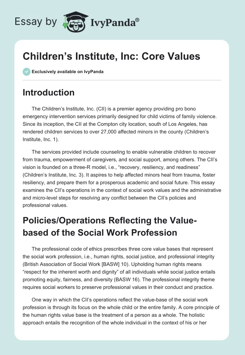 Children’s Institute, Inc: Core Values. Page 1