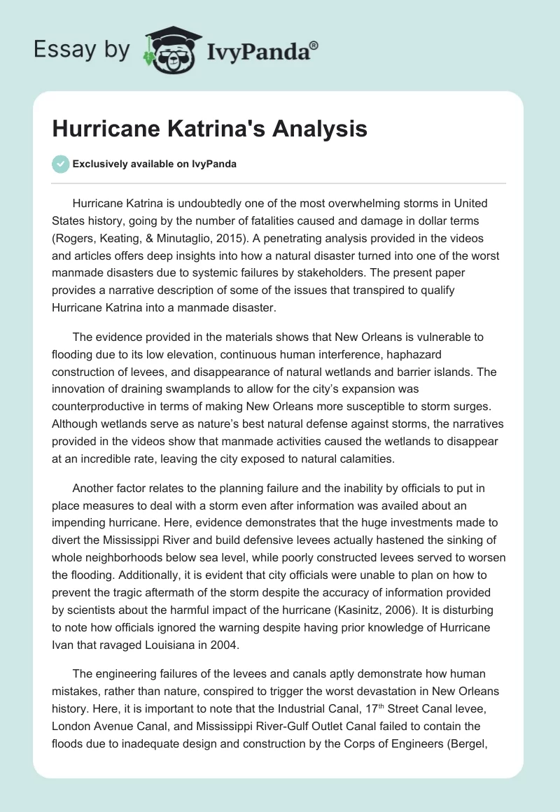 Hurricane Katrina's Analysis. Page 1