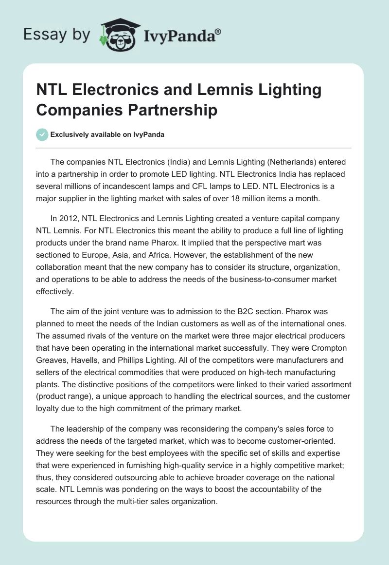 NTL Electronics and Lemnis Lighting Companies Partnership. Page 1
