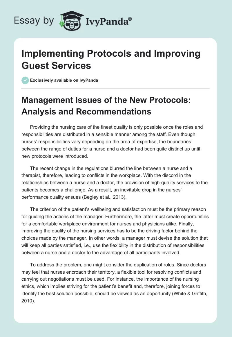 Implementing Protocols and Improving Guest Services. Page 1