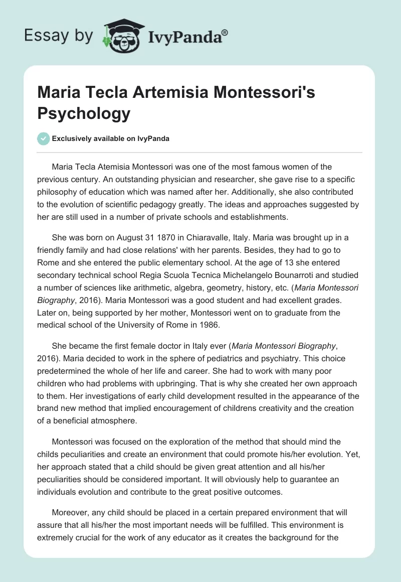 Maria Tecla Artemisia Montessori's Psychology. Page 1