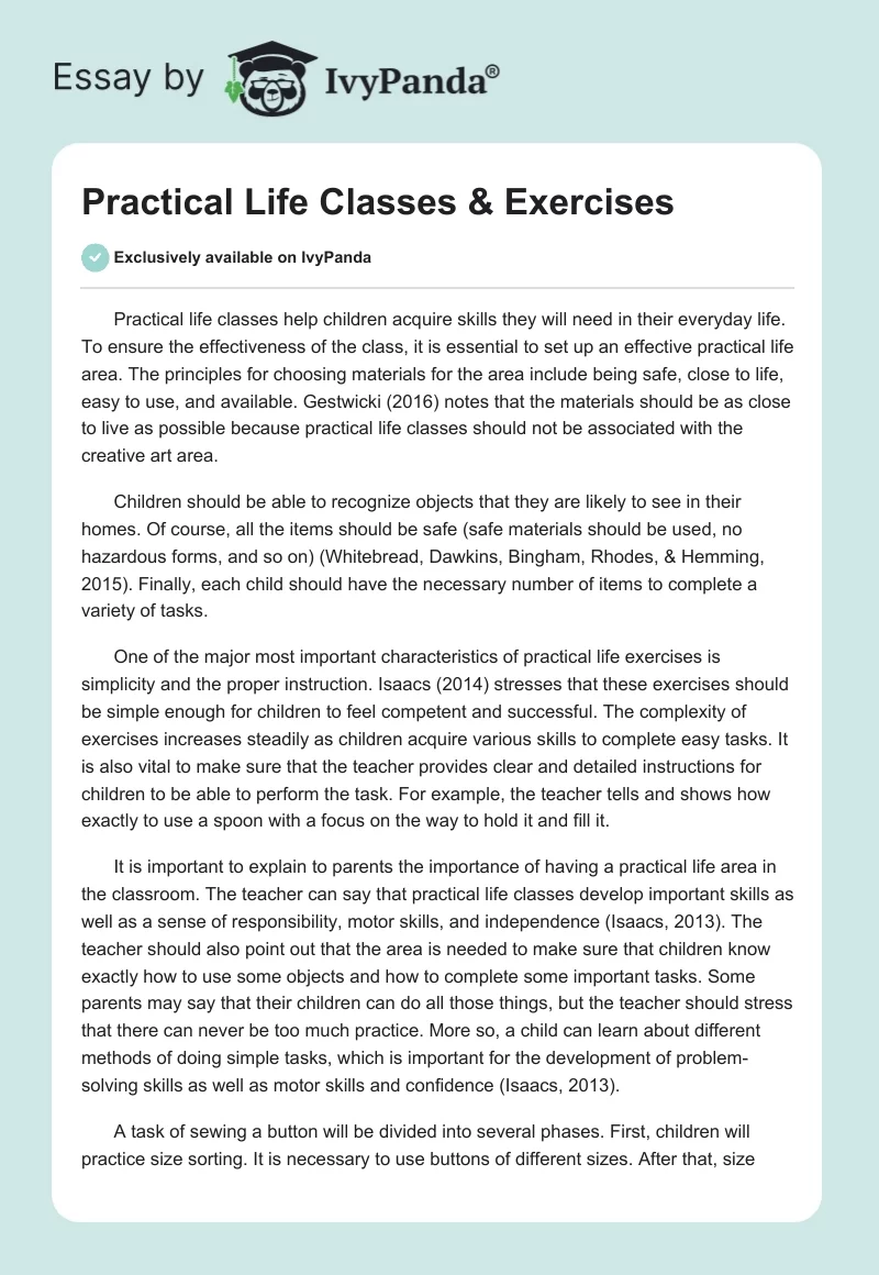 Practical Life Classes & Exercises. Page 1