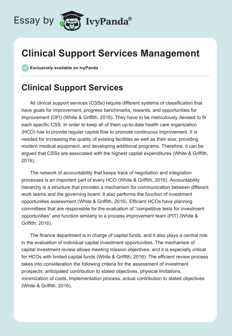 Clinical Support Services Management. Page 1