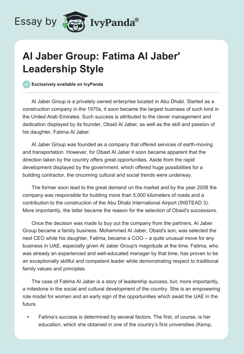 Al Jaber Group: Fatima Al Jaber' Leadership Style. Page 1