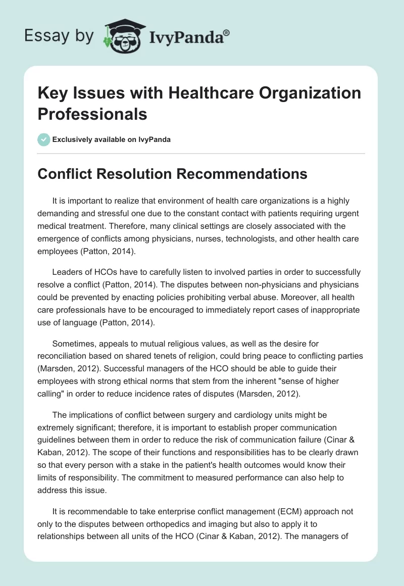 Key Issues with Healthcare Organization Professionals. Page 1